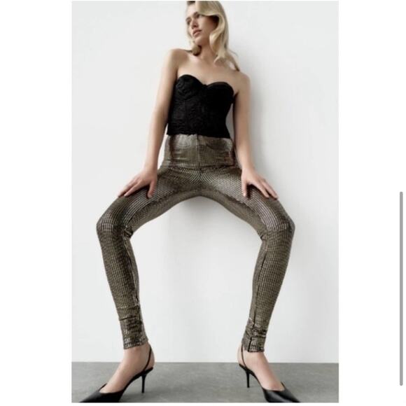 Zara Sparkly Gold Leggings Pants Size Extra Small XS - Picture 3 of 6